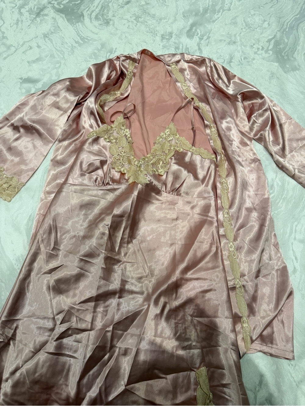 Pink Satin Chemise and Robe Set with Lace Trim
